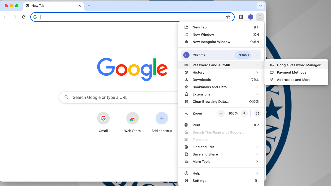 click the kebab menu, then Passwords and Autofill, then Google Password Manager
